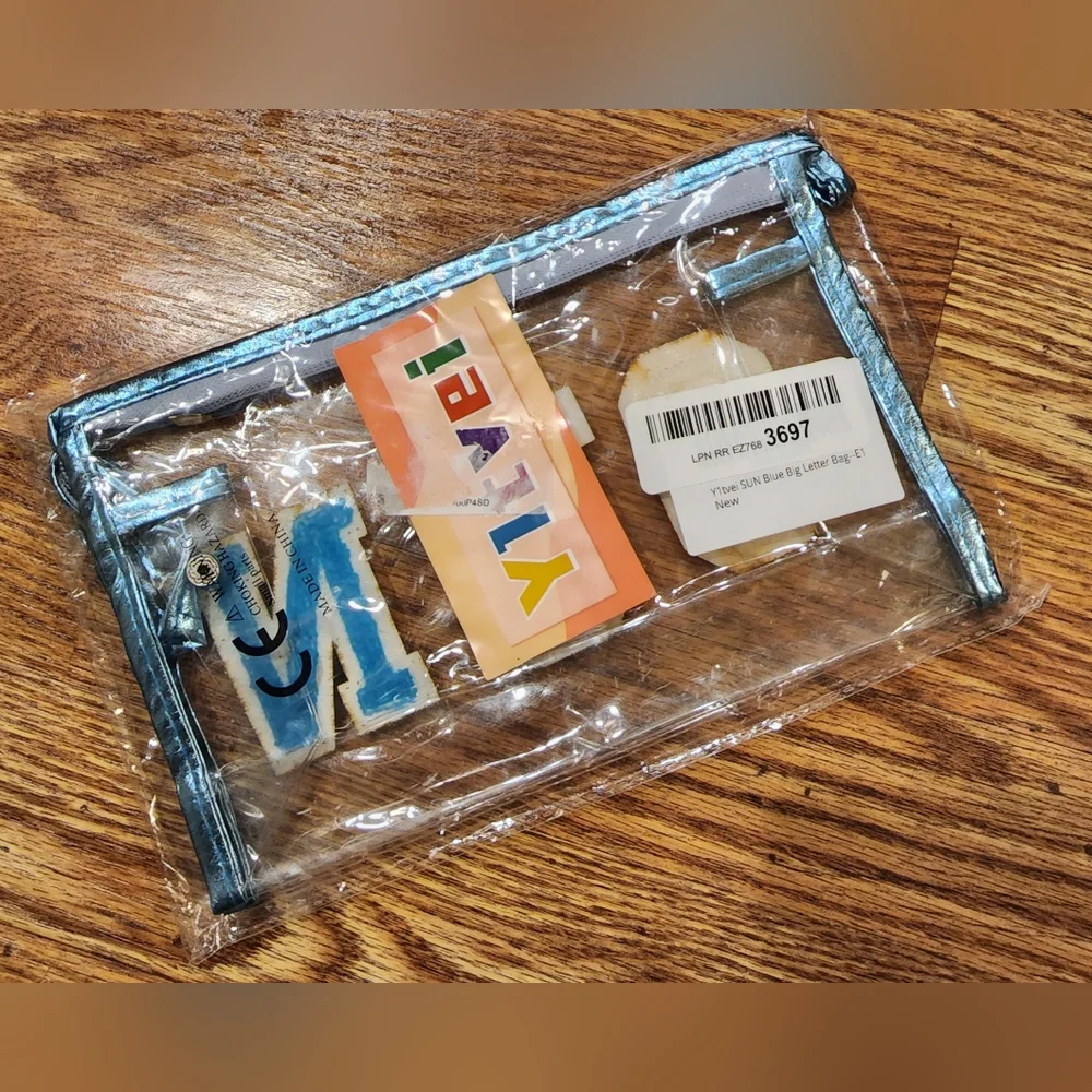 NEW SUN Varsity Letter Cosmetic Makeup Bag Felt Letters on Clear PVC